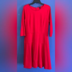 Ann Taylor Fit and Flare Vibrant Red Three Quarter Sleeve Dress
